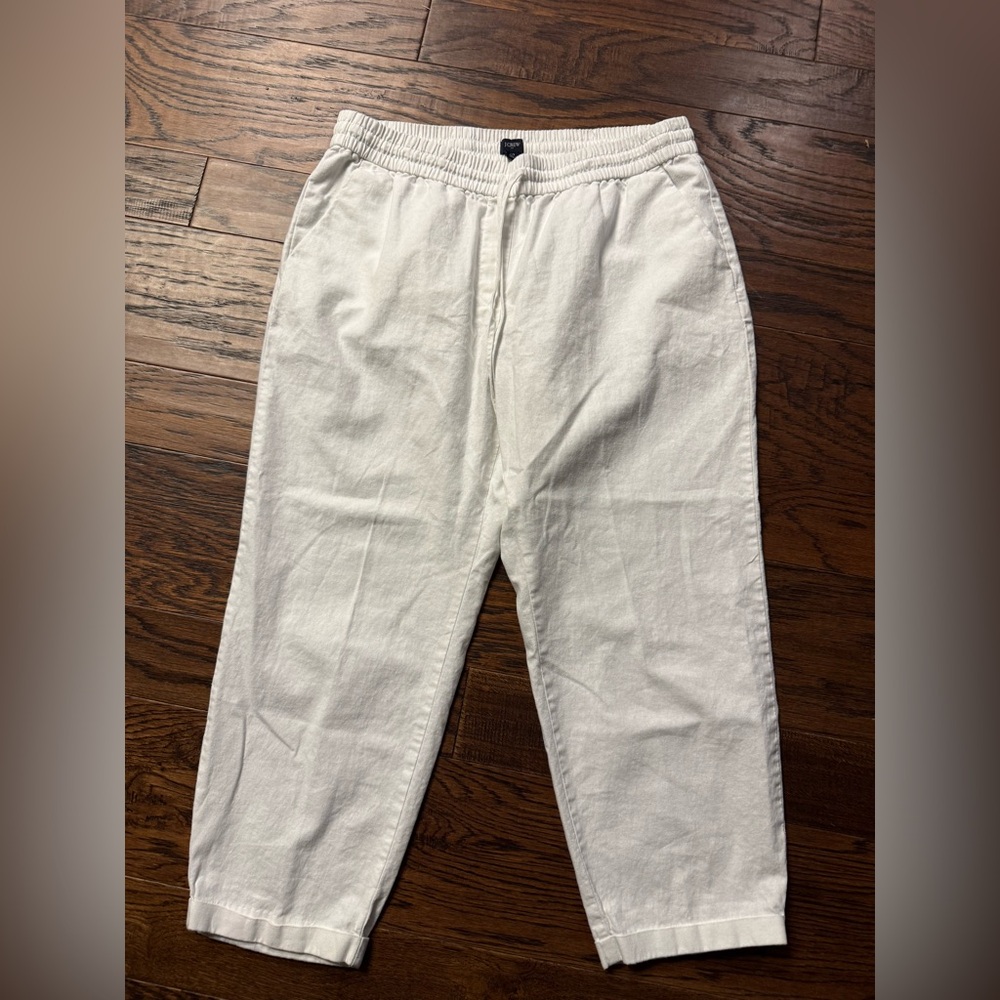 J. Crew women’s White Elastic-Waist Linen Pants 100% cotton size 14